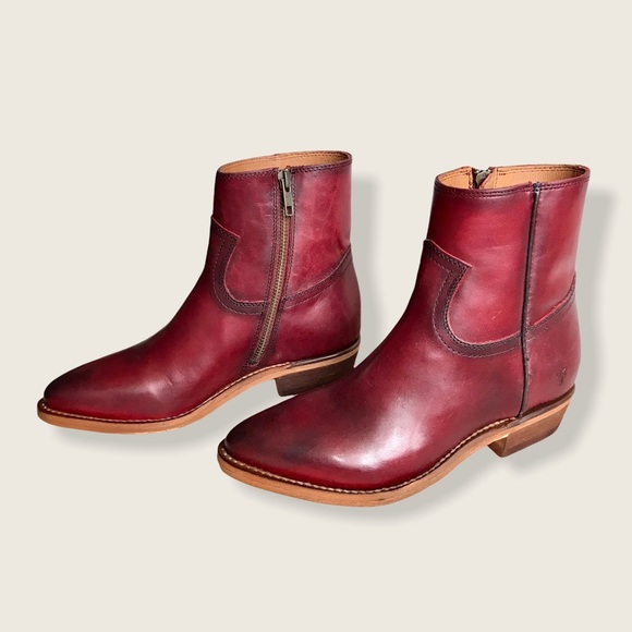 Frye Billy Burgundy Leather Zip Short Ankle Boots - Picture 10 of 16